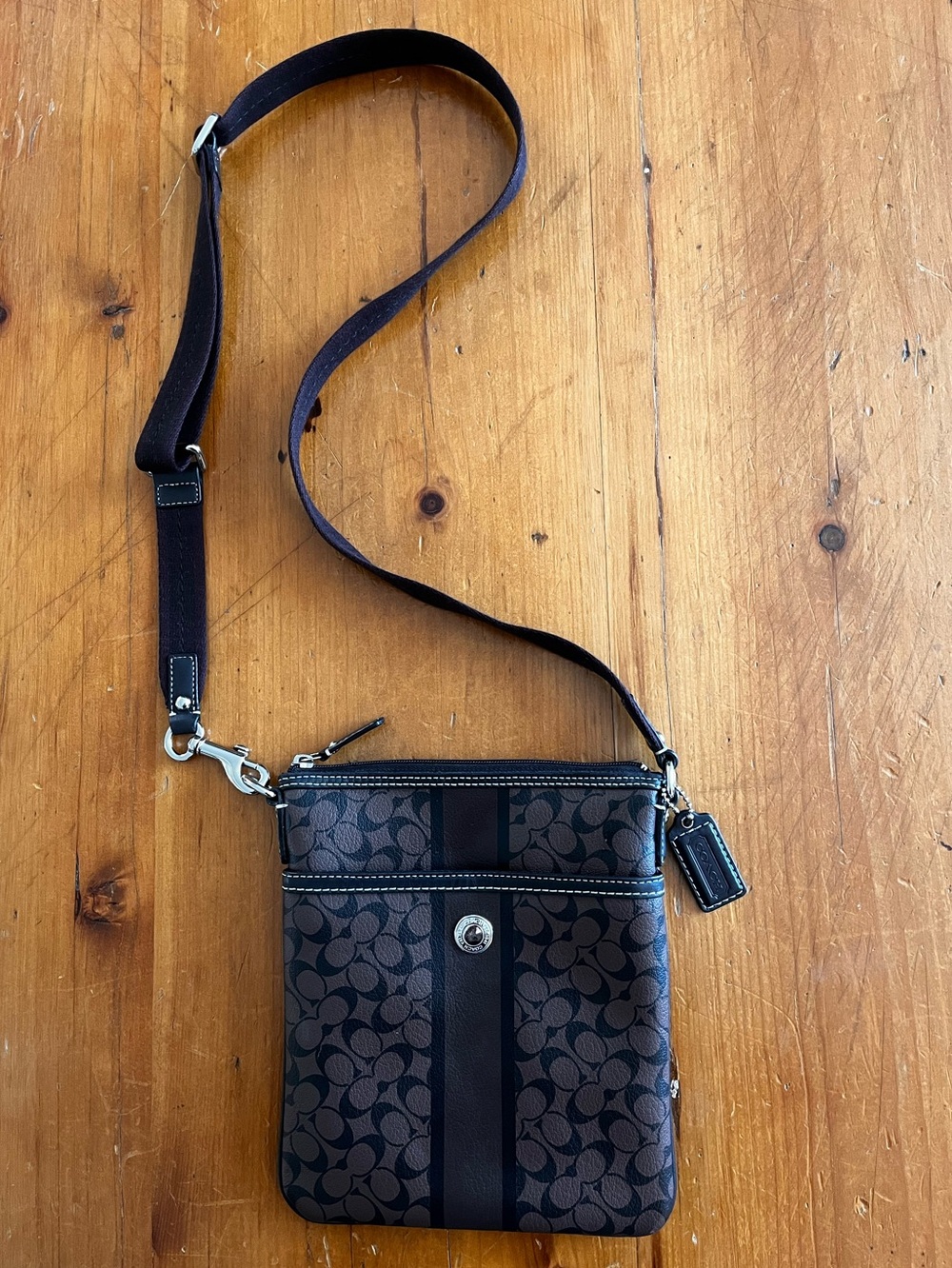 Coach Signature Stripe Crossbody Bag in Brown & Black Pebbled Monogram Leather